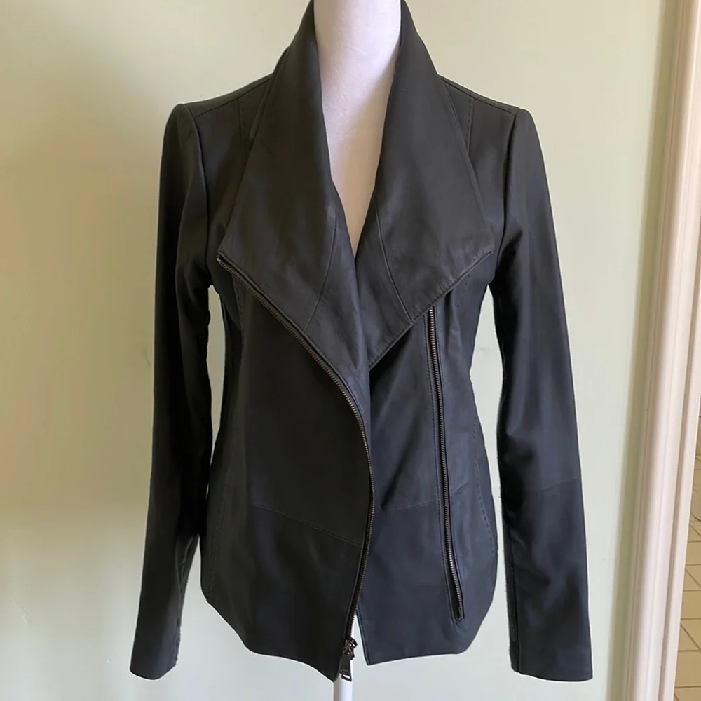 Vince Classic Scuba Goat Leather Jacket Moto Gray Size M - Picture 1 of 12